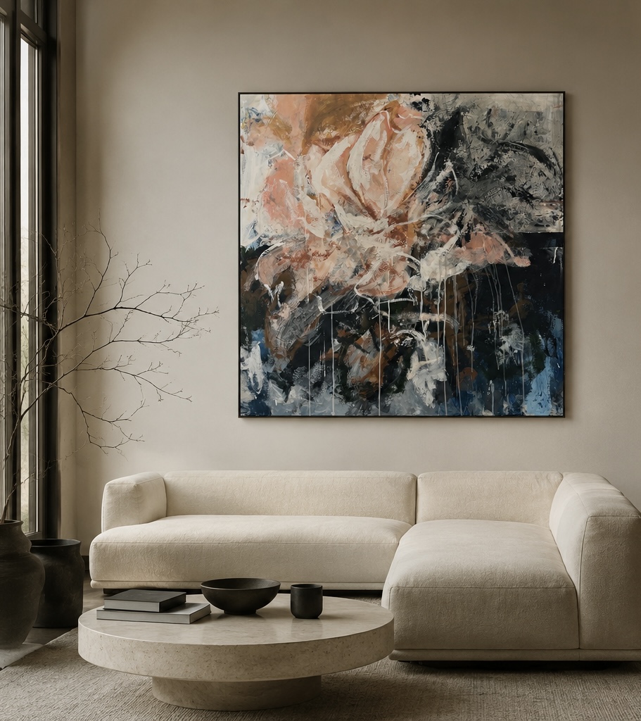 Abstraktes Gemälde von Lena Evelyn Krieger — kuratierte Raumansicht in einem hellen, minimalistischen Interieur
