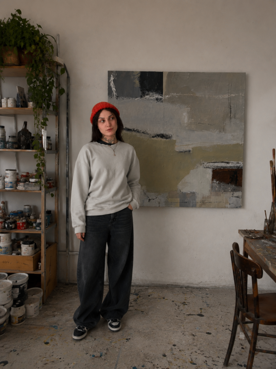 Im Atelier vor einem großformatigen Werk