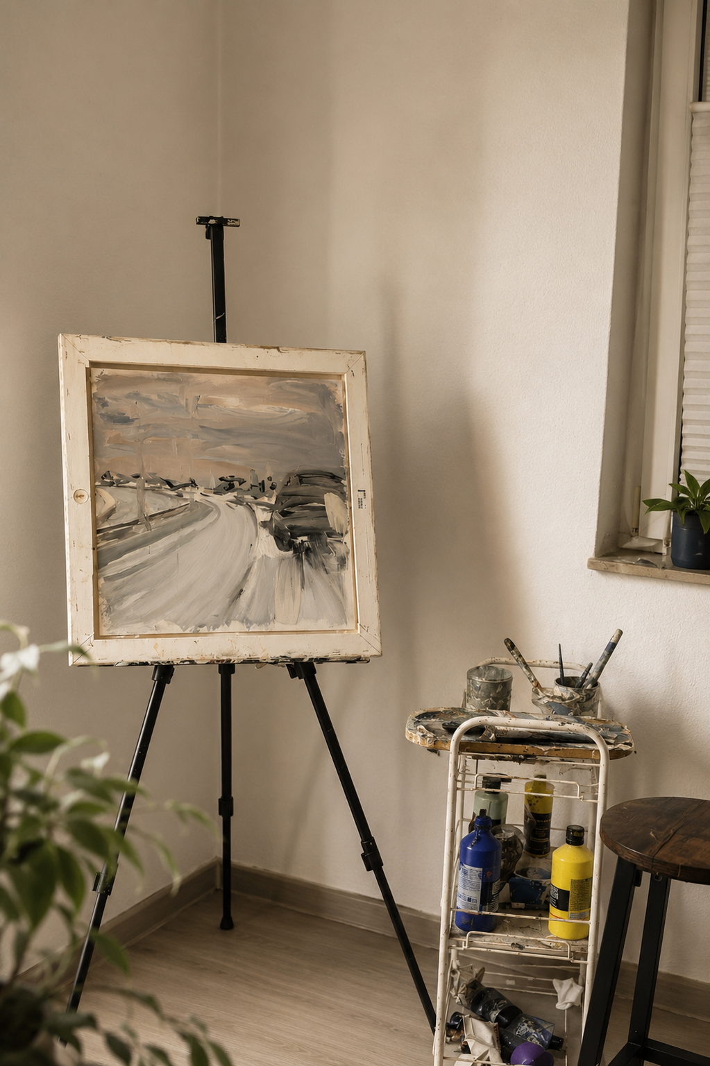Winterliches Landschaftsbild auf der Staffelei im Atelier