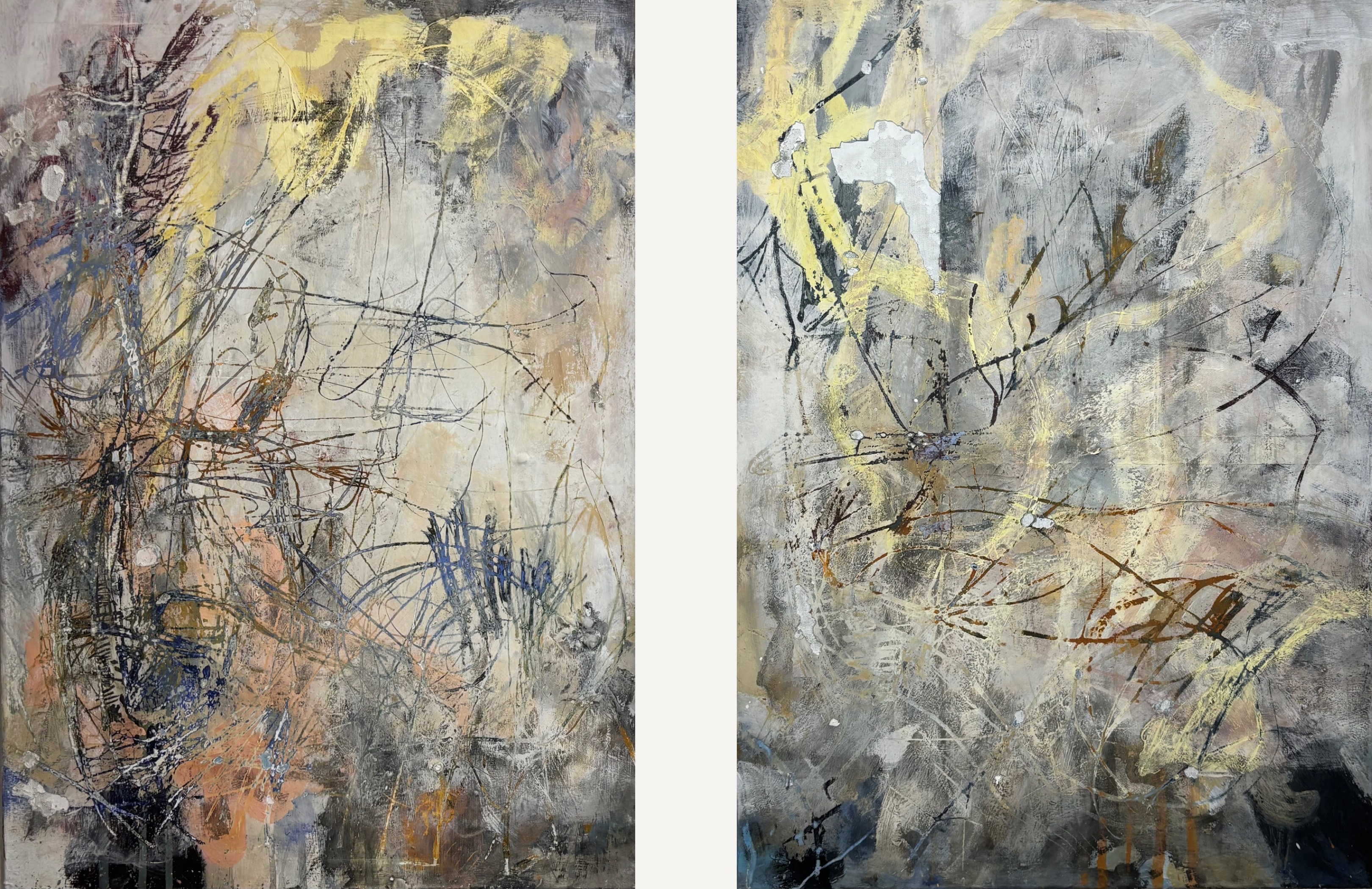 Gemälde „Verkehrte Gedanken auf Schienen" (2026) — 108 × 70 cm · Diptychon, je 50 × 70 cm, Acryl und Öl auf Leinwand, von Lena Evelyn Krieger